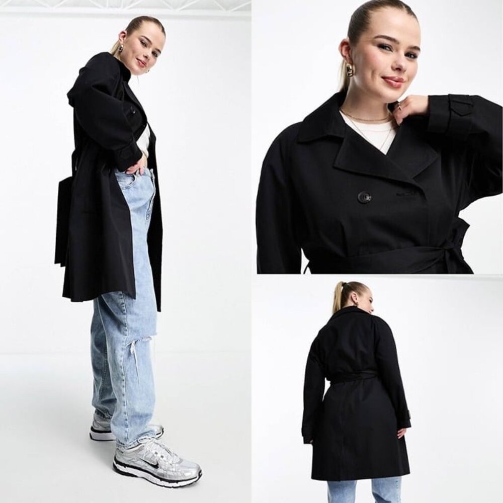 ASOS Women's Plus Size Design Curve Midi Trench Coat Jacket Black Size US 18 NWD